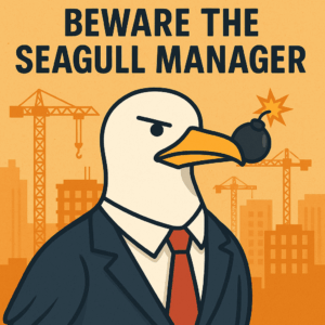 Image of a seagull in a suit with a grenade