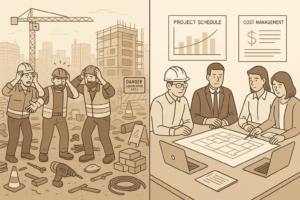 Construction chaos project site vs organized strategy meeting