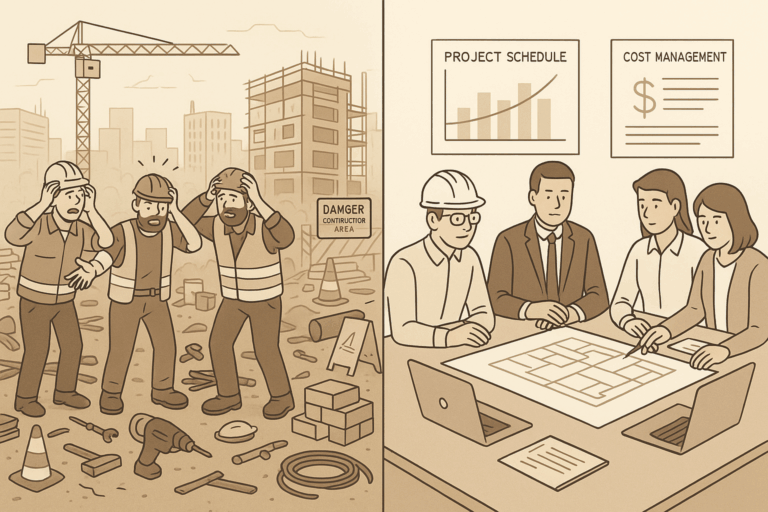 Construction chaos project site vs organized strategy meeting