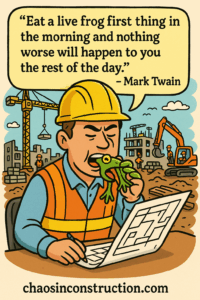 Cartoon Construction worker eating a frog
