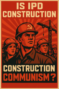 Propaganda-style illustration of construction workers in red with text asking, "Is IPD Construction Communism?"—symbolizing the ideological debate over Integrated Project Delivery systems.