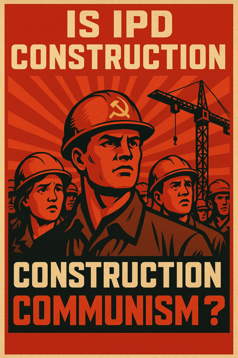 Propaganda-style illustration of construction workers in red with text asking, "Is IPD Construction Communism?"—symbolizing the ideological debate over Integrated Project Delivery systems.