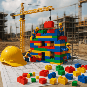 Workers building a building with legos on a construction site