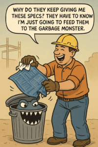 Construction worker throwing the drawing specs into the garbage monster