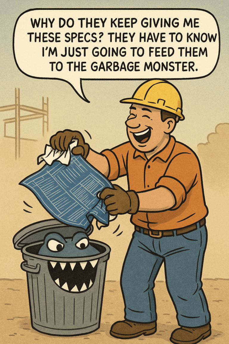 Construction worker throwing the drawing specs into the garbage monster